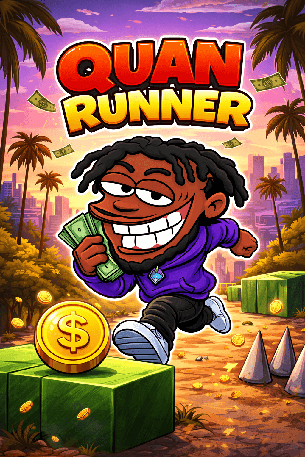 Quan Runner poster: the character running through an LA sunset with cash and a coin